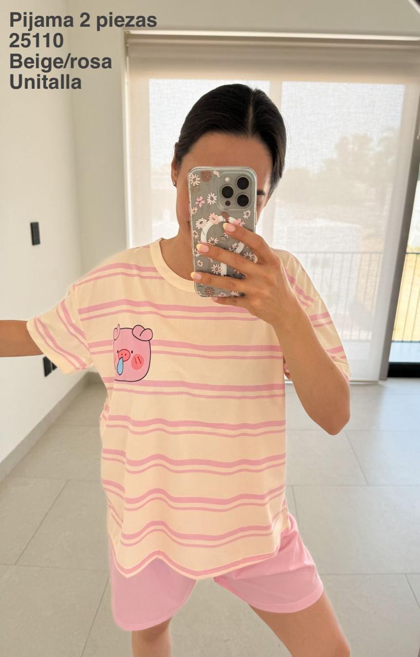 25110 Pijama 2 Piezas Beige/Rosa