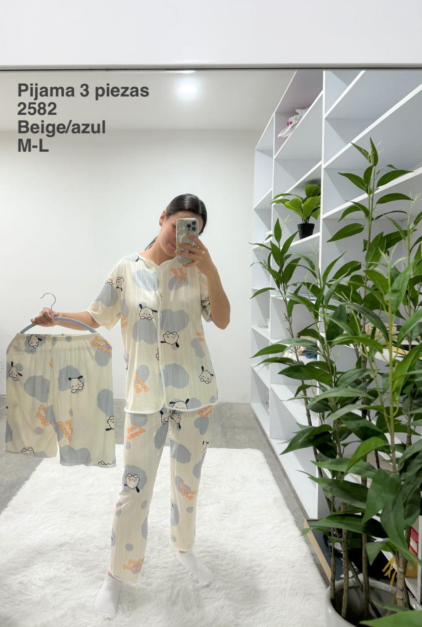 2582 Pijama 3 Piezas Beige/Azul